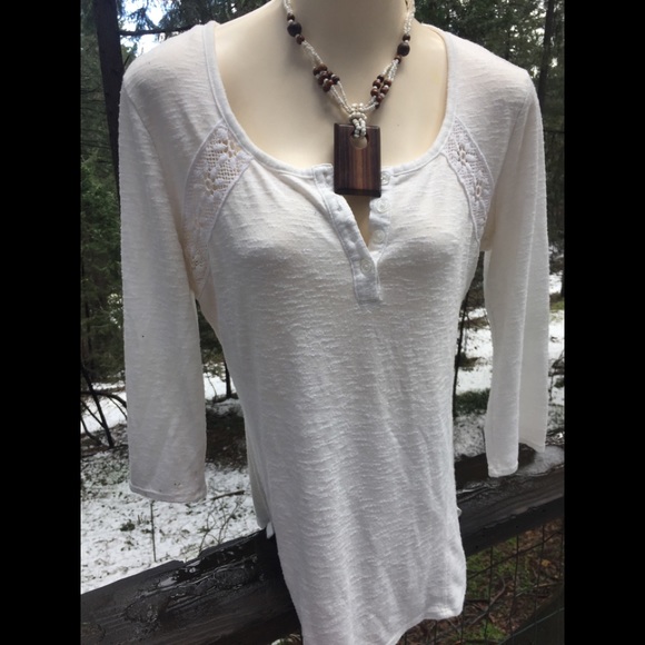 Tops - Cotton knit T shirt , round neck , tab front, lace